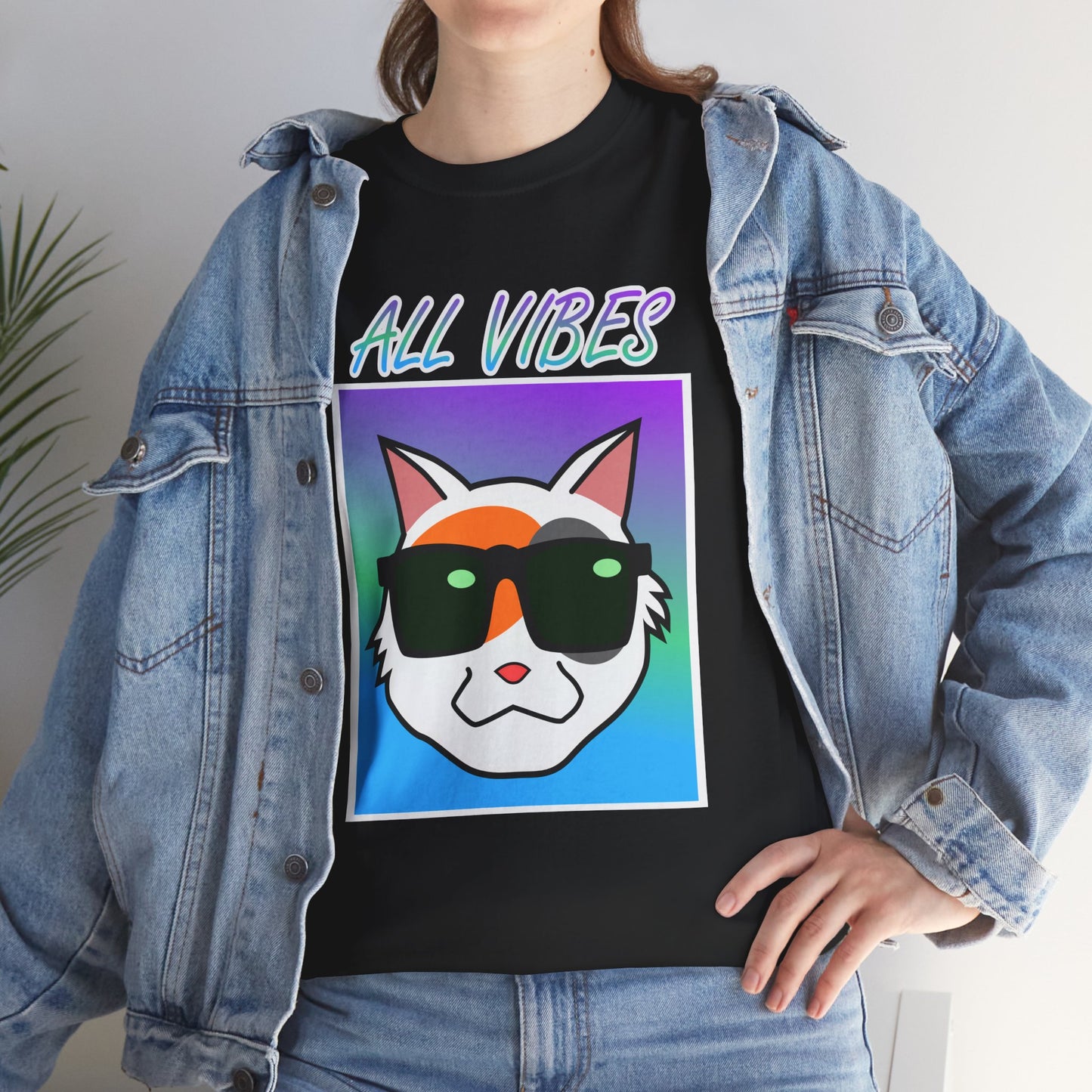 'All Vibes' Cat with Sunglasses Tee - Cool Gradient