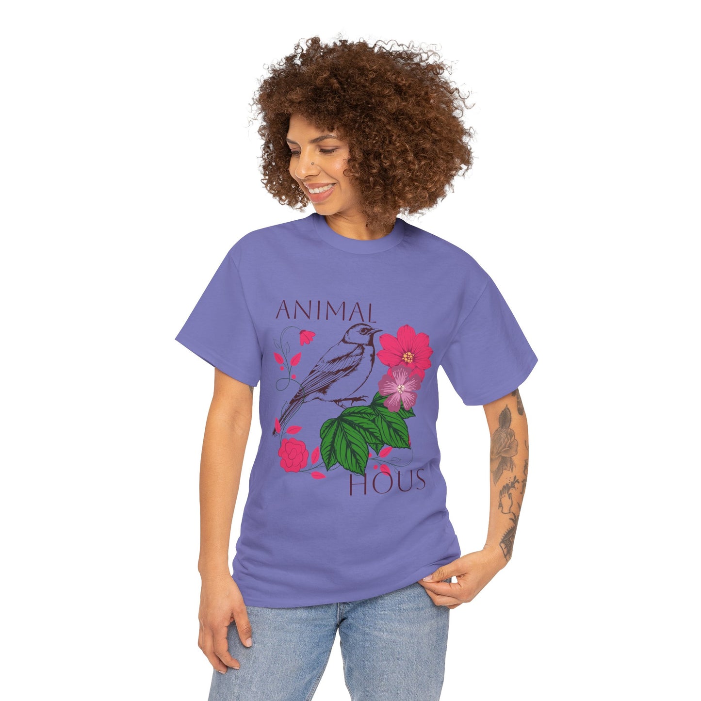 "Bird with Flowers" - Print Unisex Heavy Cotton Tee