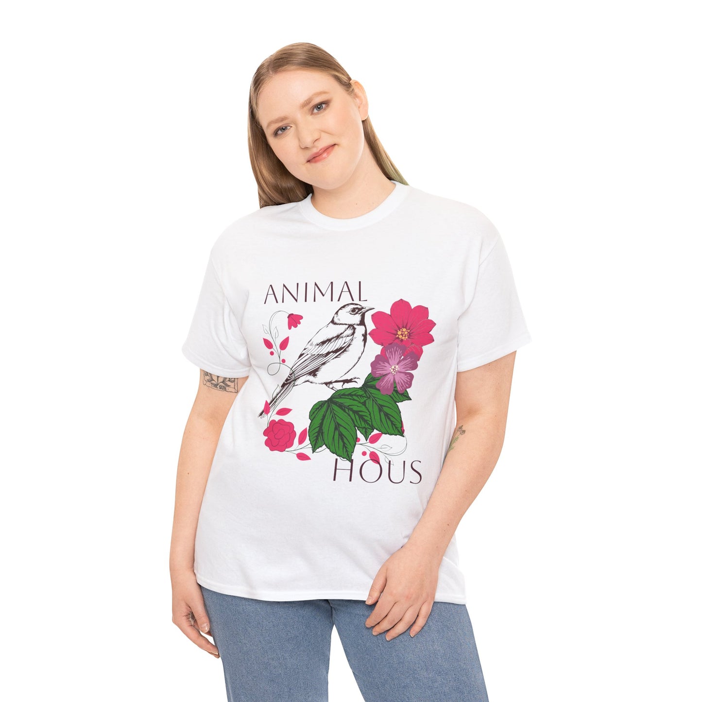 "Bird with Flowers" - Print Unisex Heavy Cotton Tee
