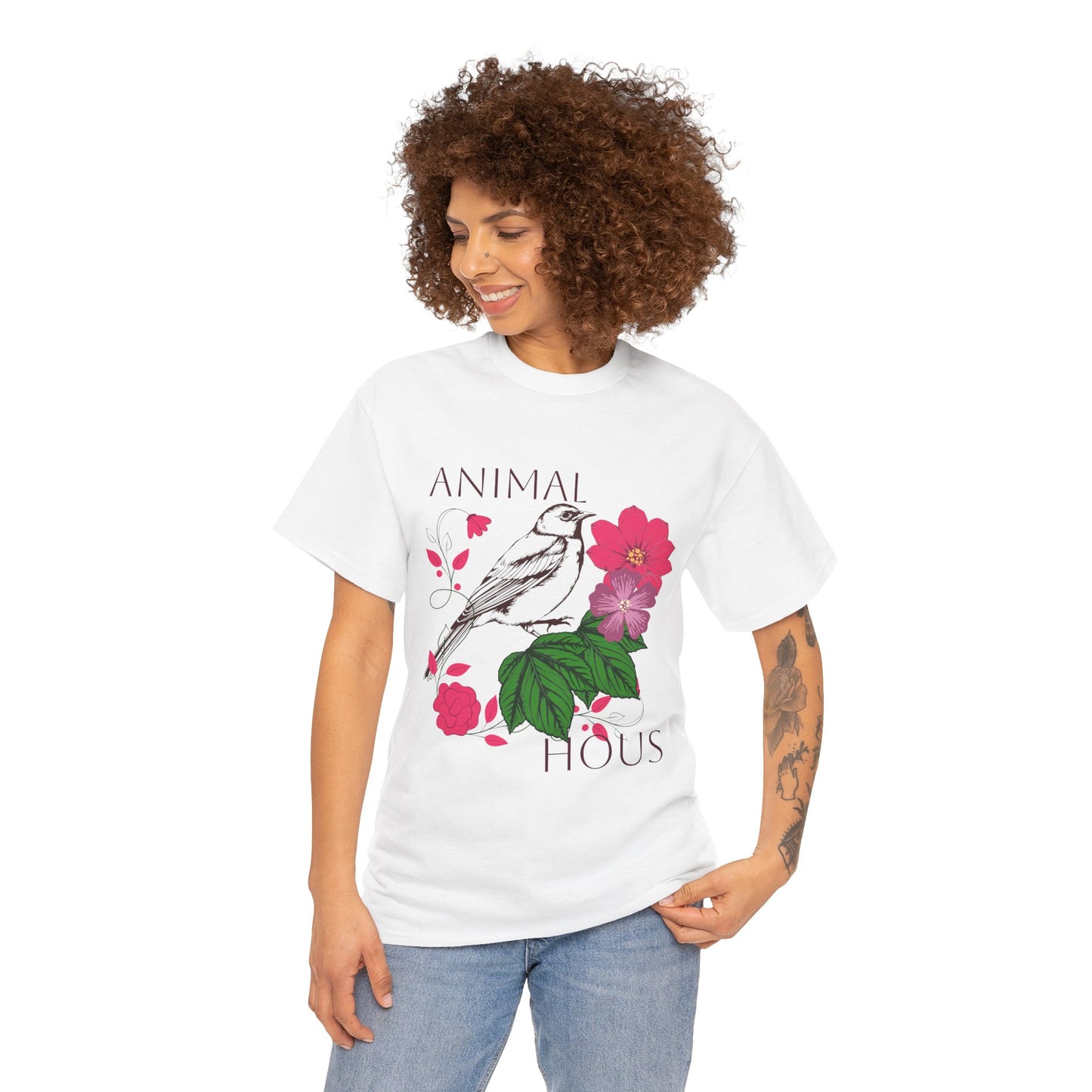 "Bird with Flowers" - Print Unisex Heavy Cotton Tee